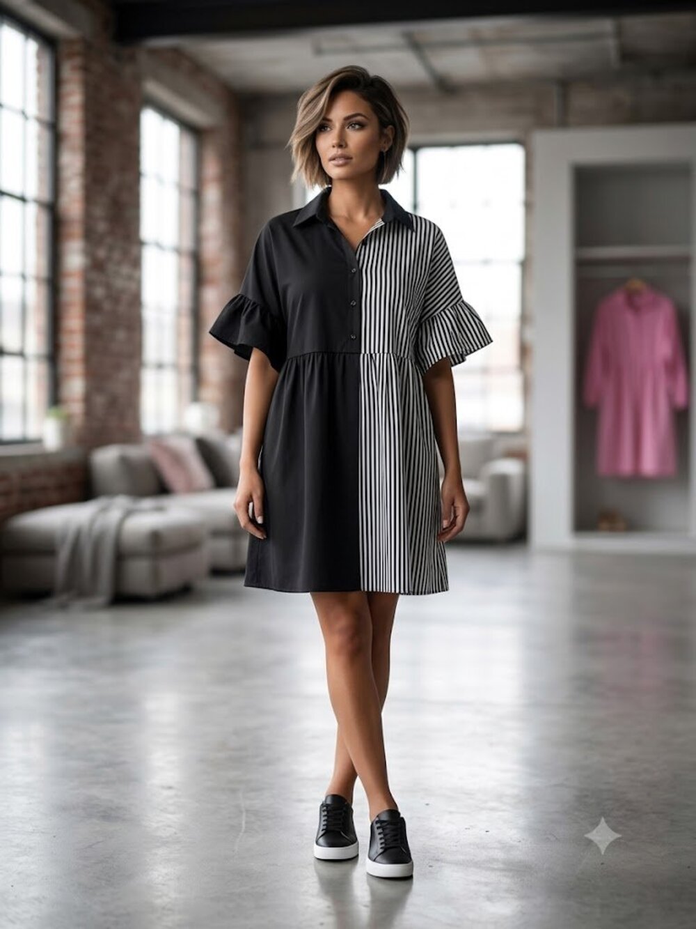 Split-Block Black & Striped Ruffle Shift Dress / Shirt Dress